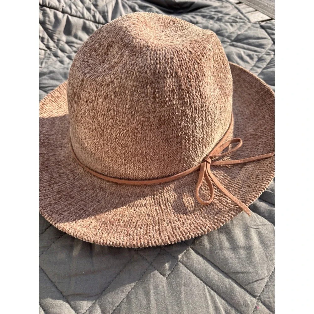 Boho Fedora Hat OS Mauve Brown Polyester Knit Faux Leather Bow Trim Adjustable‎